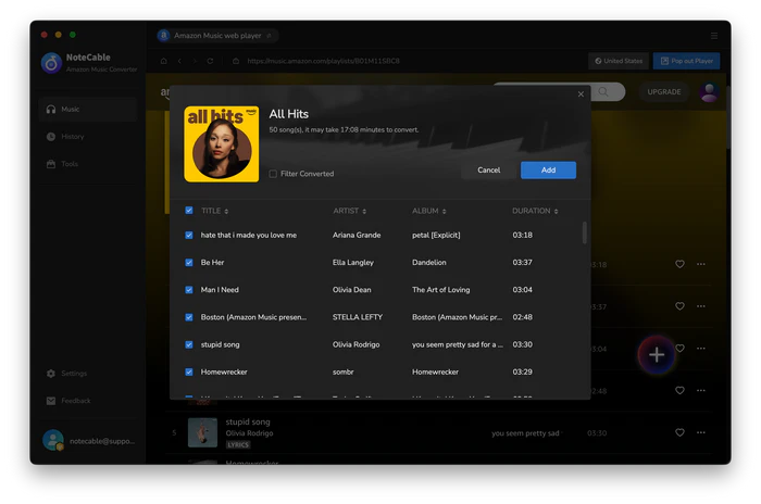 add amazon songs to notecable