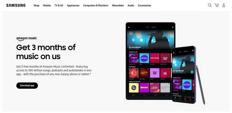 amazon music 3 months free via samsung galaxy store