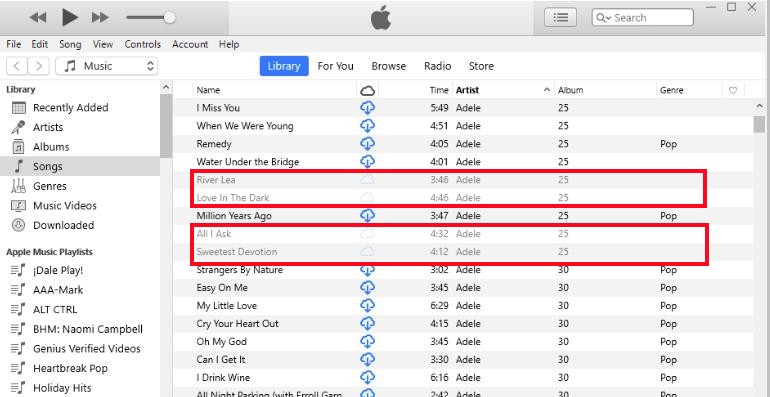 itunes songs greyed out