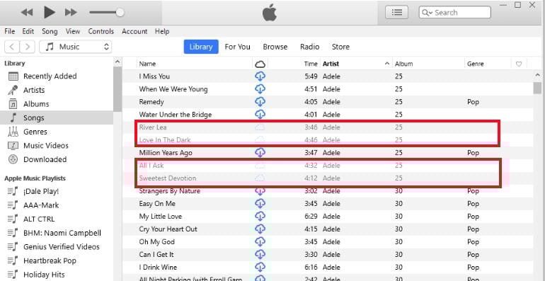 itunes songs greyed out