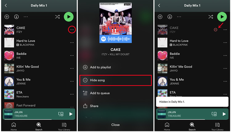 hide and unhide Spotify songs on mobiles