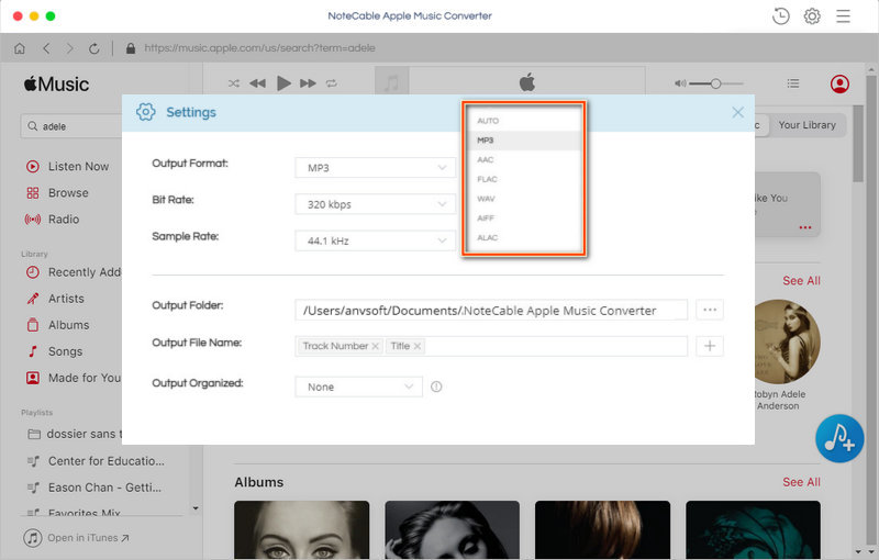set Apple Music the output format