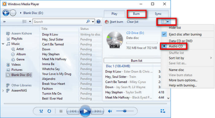 burn cd on windows media player