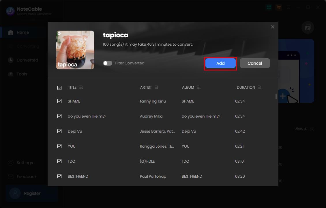 choose spotify songs to convert