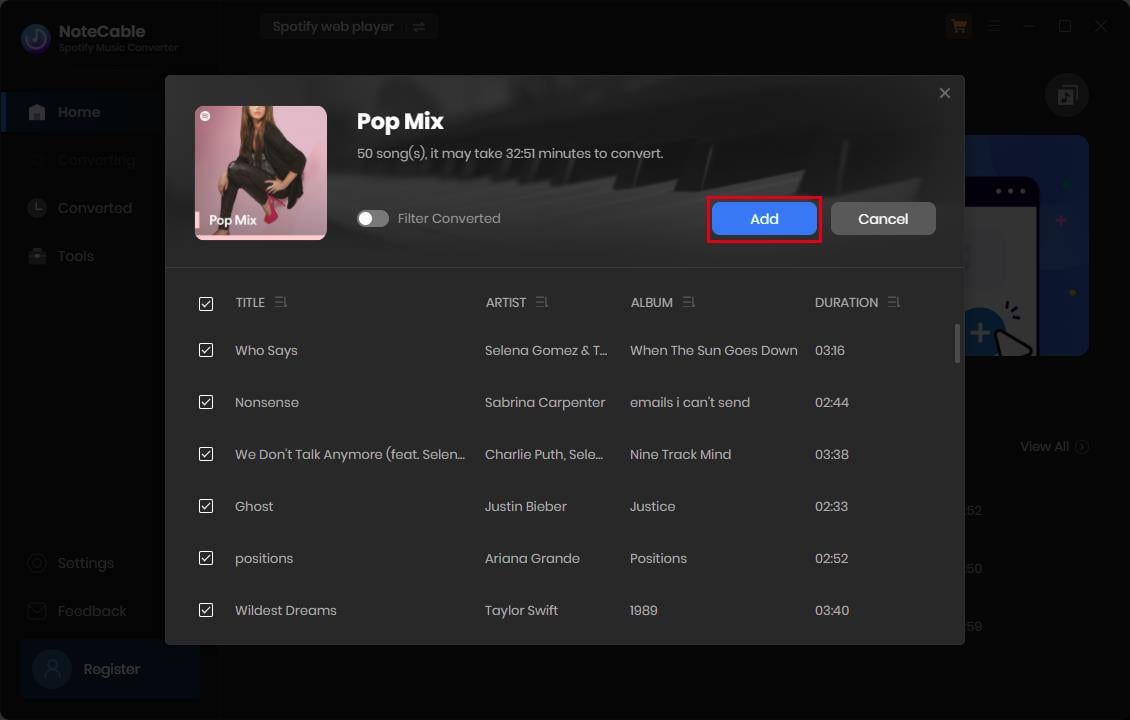 choose spotify music to convert