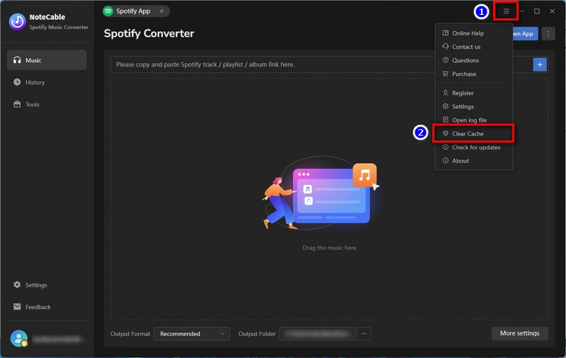 NoteCable Spotify Converter Clears Cache